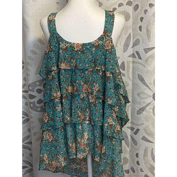 LANE BRYANT Size 24W Teal Pink Floral Tiered BOHO Tank Top Blouse Beaded Fairy - Picture 1 of 13